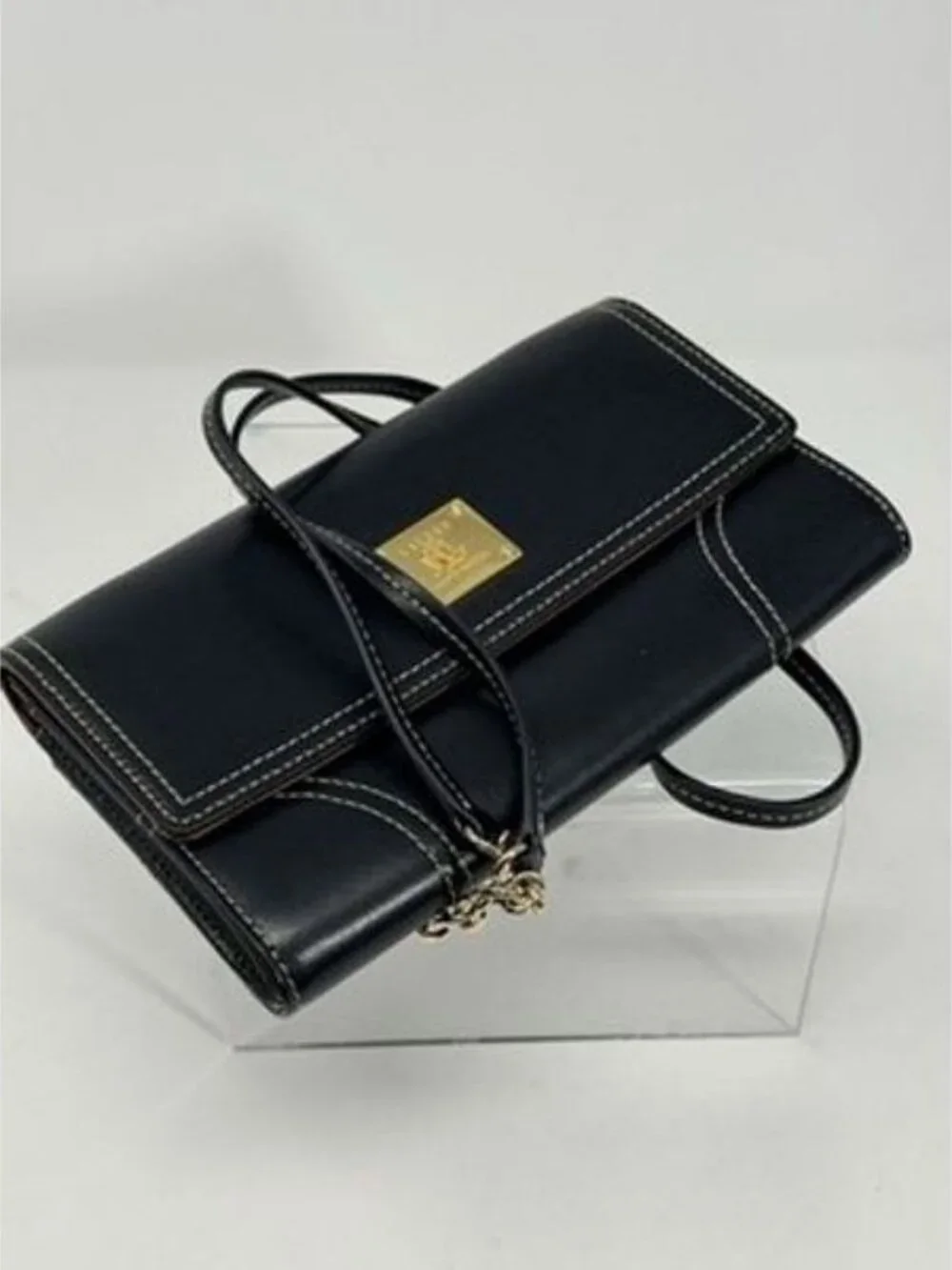 LAUREN RALPH LAUREN Clutch/Crossbody/Wallet- Black Leather CHAIN BAG Gold
